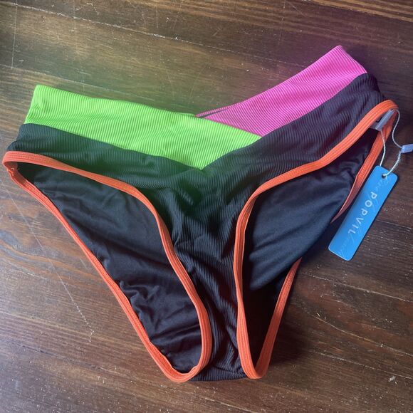Popvil Swim Bottom Neon Women Black Color Block High Waisted Bikini Small - Picture 1 of 8